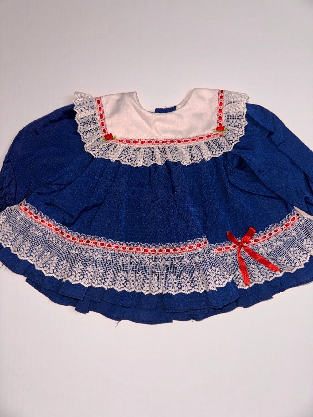 Vintage Peaches N Cream 12M Blue White Red Ruffled Lace Baby Dress 12 Months 704